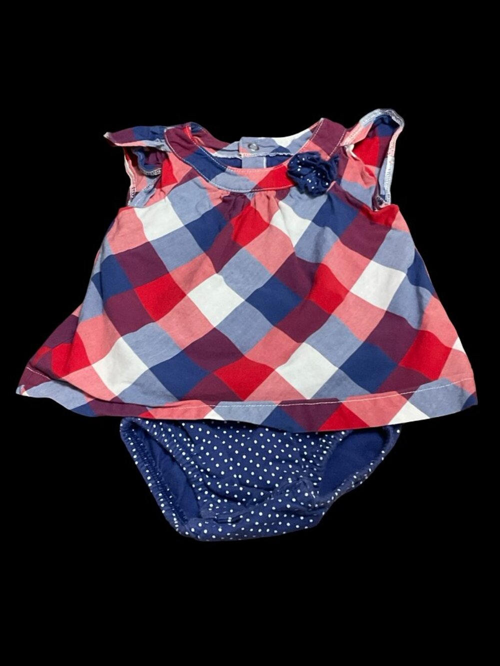 👣 10/$25 - Navy/Red/White Checkered and Polka Dot Onesie